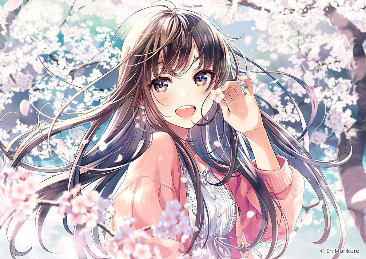 A girl with hair that moves with the wind and the sakura petals.